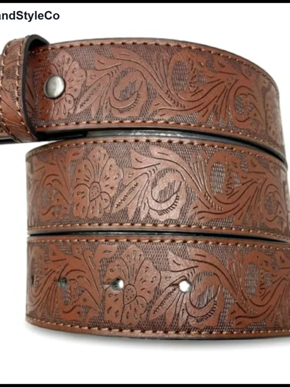 Genuine Leather Western Belt Strap, Floral Embossed, Snap-On Interchangeable
